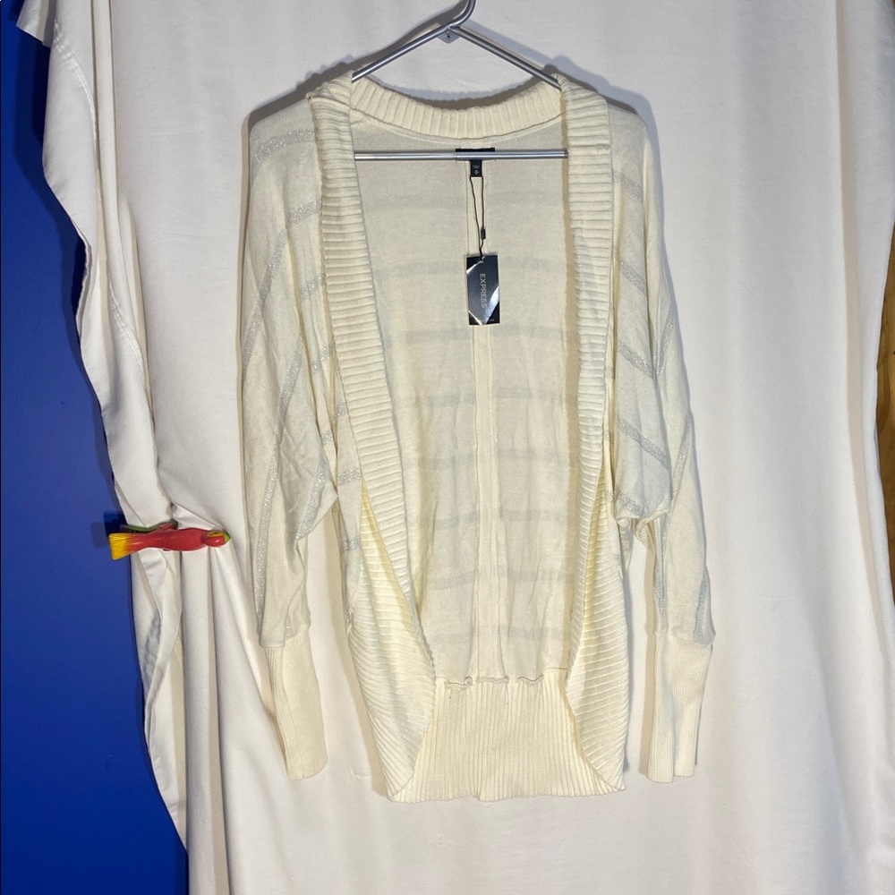 Express Oversized Open Cardigan Cream with Silver stripes, size medium